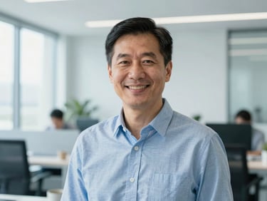 Professional headshot of a modern industry mentor smiling in a bright daylight office, clean background, cool blue tones, sharp focus, 35mm
