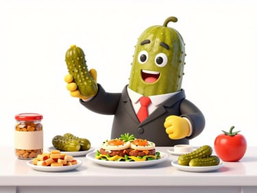 A vibrant illustration of a pickle lawyer presenting a gourmet food pairing, with various foods and pickles on a clean, bright table, bright studio lighting, bold saturated colors, playful character design, sharp focus.
