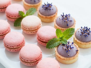 Close-up bright editorial food photography of a colorful dessert platter with pink macarons, lavender-infused tarts, and fresh mint leaves on a clean white surface in soft natural daylight, shallow depth of field.
