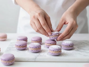 Hands dusting powdered sugar onto delicate lavender macarons, white marble counter, bright soft daylight
