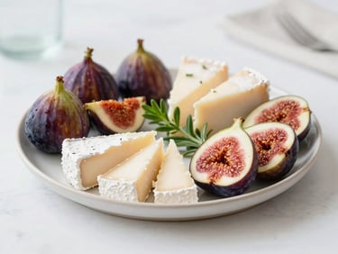 A beautifully arranged grazing platter with fresh figs, soft cheeses, and herbs, bright daylight, shallow depth of field