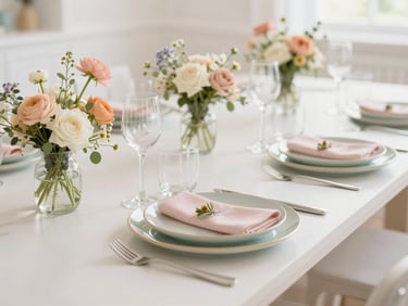 A beautifully styled banquet table with pastel plates, fresh flowers, and light glassware, soft warm daylight