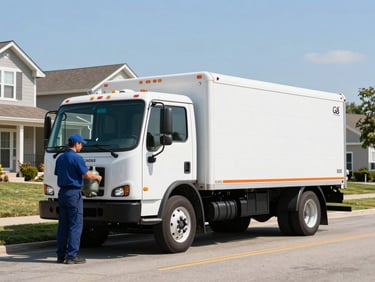Professional AmeriGas delivery truck parked on a clean suburban street, technician delivering a propane tank to a residential home, bright midday sun, eye-level medium shot.