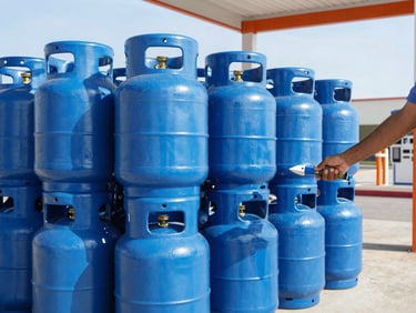 Eye-level medium shot of neatly stacked blue AmeriGas propane cylinders at an exchange station, a customer exchanging a tank, under bright, clear midday sun.