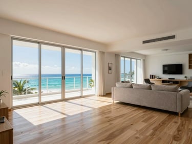 Interior wide shot of a bright modern condominium living room in Puerto Plata — floor-to-ceiling windows flooding the room with Caribbean daylight, white walls, light wood floors, glimpse of turquoise sea through sliding glass doors
