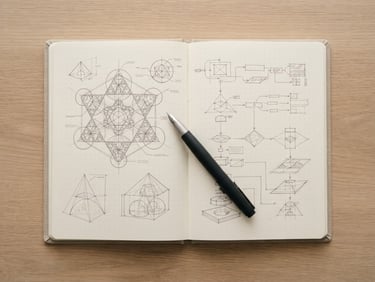Overhead flat-lay of an open linen notebook with precise hand-drawn diagrams, a sleek fountain pen, soft natural morning light, warm beige tones, minimalist editorial composition