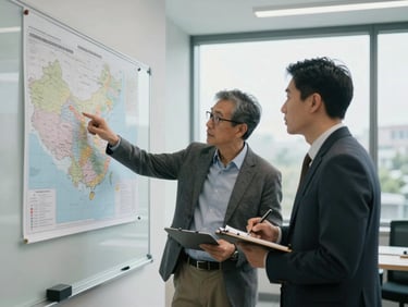 Medium shot of two consultants in a glass-walled hospital administrative office, one pointing at a regional map pinned to a whiteboard, the other taking notes, overcast natural light through floor-to-ceiling windows