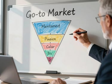 Close-up of a senior consultant's hand writing on a large whiteboard covered in a go-to-market funnel diagram, afternoon window light casting a long shadow, a laptop and notebook visible on the desk below