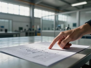 Close-up of hands pointing at a printed operational flowchart spread across a metal factory conference table, harsh window light from a high industrial window, manufacturing plant visible through glass partition in background