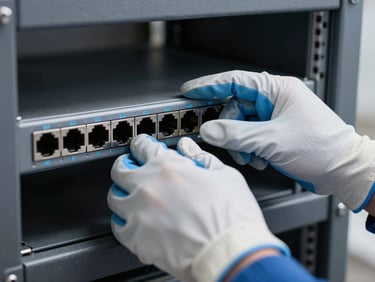 Close-up of a technician's hands wearing static-safe gloves adjusting a high-performance network switch in a graphite rack