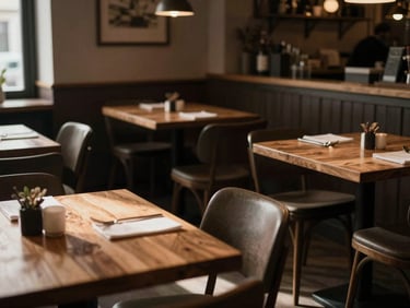 A cozy, dimly lit Scandinavian-style restaurant interior with empty wooden tables, soft window shadows, inviting atmosphere.