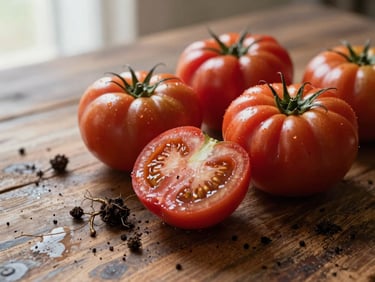 A rustic wooden table displaying freshly harvested heirloom tomatoes, wet soil clinging to roots, diffused morning light.