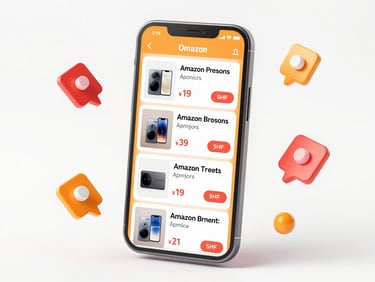 Bright 3D render of an optimized Amazon product listing, floating elements, orange and crimson accents, high conversion visual
