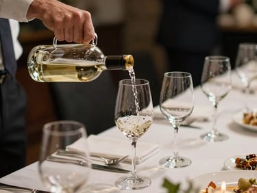 A professional server precisely pouring white wine into a glass at a beautifully set banquet table