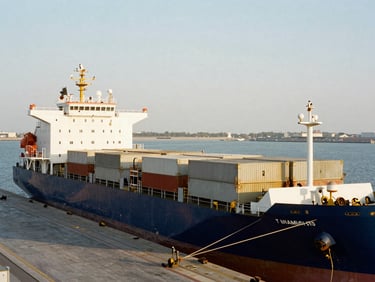 High-angle architectural shot of heavy cargo ships docked at Hamad Port, crisp daylight, metallic gold highlights, 35mm