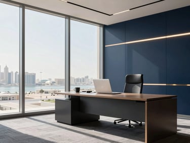 Clean modern corporate workspace in Doha, sunlight streaming through large windows, high-contrast professional setting, 35mm
