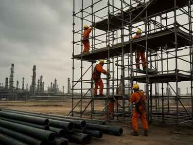 Wide environmental shot of a scaffolding crew mid-assembly on a large industrial structure, overcast daylight, workers in PPE at multiple levels, steel pipe and fittings in foreground, Al Jubail refinery infrastructure visible in background distance