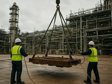 Wide environmental shot of rigging crew working on a heavy lift operation at an active Saudi petrochemical plant, two workers in high-visibility vests and hard hats managing tag lines on a suspended load, overcast sky, steel structure in background, documentary framing