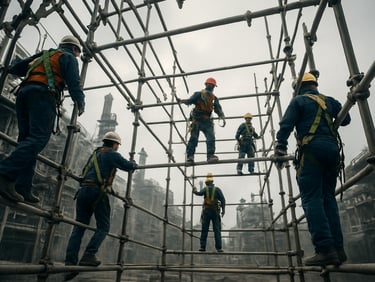 Wide panoramic frame — assembled scaffolding crew of six workers on a large industrial structure in Al Jubail, viewed from ground level looking up, cool overcast daylight, hard hats and safety harnesses visible throughout, scaffolding pipes extending across the frame, dust and steel in the background