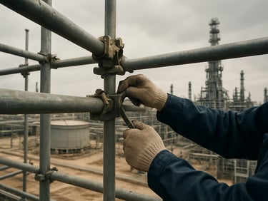 Close-up of scaffolding assembly in progress on a large petrochemical structure, worker's hands tightening a coupler on a horizontal tube, steel pipes extending into the frame, flat overcast daylight, Al Jubail industrial site background, documentary realism