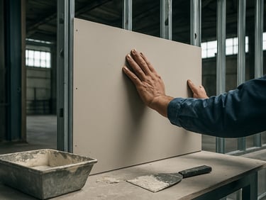 Gypsum board installation mid-process inside a large industrial facility, worker's hands pressing a board panel against a steel stud frame, joint compound and tools visible on a nearby surface, cool interior daylight from high windows, documentary realism