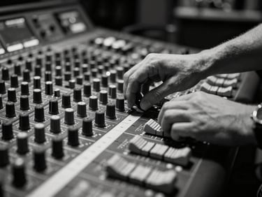 High-contrast black and white close-up of hands adjusting a professional audio mixing console in a Toronto recording studio, dramatic stage lighting.