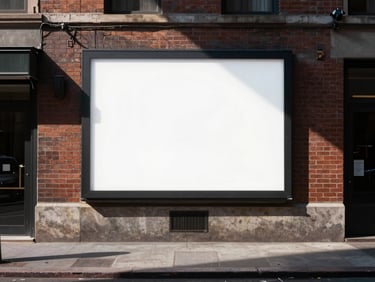 High-contrast street view of New York City, sharp shadows on concrete, digital ad billboard glowing on a brick wall