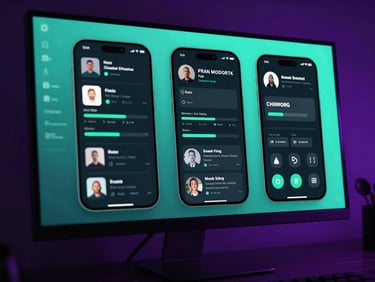 A designer working on a dark-mode mobile interface on a large monitor, teal glowing backlight, high-contrast tech aesthetic