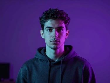 Portrait of a young tech founder in a dark hoodie, neon purple ambient light, moody studio setting, 35mm