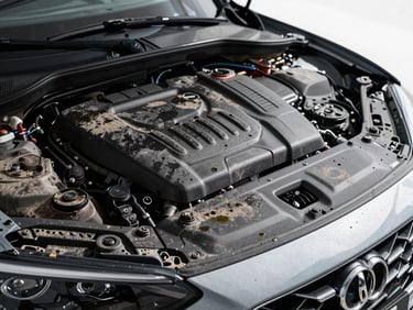 Engine bay of a modern car covered in thick road grime, dust, and dried oil spots, dull plastic covers, premium automotive photography