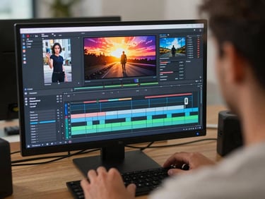 Over-the-shoulder shot of a modern video editor working on a high-energy mobile reel timeline, vibrant screen glow, professional editing software interface visible