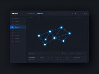 Minimalist mock-up of an enterprise dashboard on a dark sleek screen, glowing data nodes, electric blue accents, dark studio lighting.