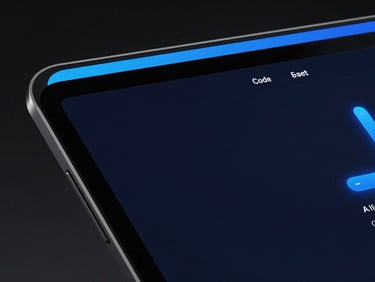 Sleek web application interface on a tablet screen, clean modern layout, electric blue accents, low-key dramatic lighting.