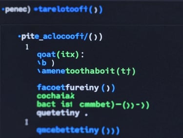 Macro close-up of a modern code editor with clean syntax highlighting in neon electric blue and cyber green, dark mode aesthetic, minimalist composition.