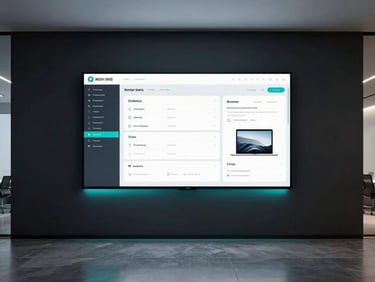 Wide shot of a minimalist corporate display screen mounted on a dark wall in an empty modern office, a precision-designed digital catalog interface illuminated on screen, subtle turquoise accent light from below