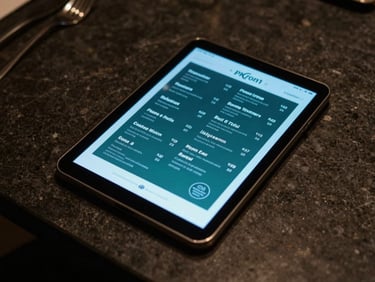 Overhead composition of a sleek restaurant table in moody ambient light, a glowing digital device displaying an elegant menu interface, dark stone surface, turquoise light emanating from the screen