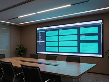 Wide environmental shot of a sleek corporate boardroom at night — a large display screen shows a structured digital catalog interface with turquoise typographic accents, room lit by screen glow and recessed ceiling strips, no people present