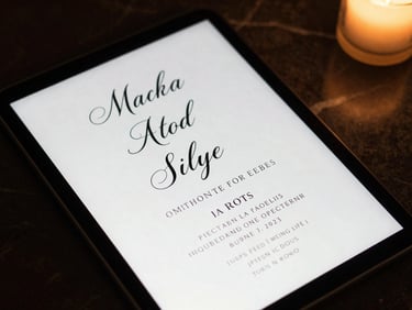 Overhead close-up of a single tablet on a dark marble surface displaying an elegant digital invitation with refined typography, warm candlelight at the frame edge, no people present