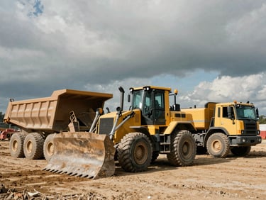 Wide environmental shot of a bulldozer and dump truck at an active construction site, dirt being moved, dramatic overcast daylight, highlighting heavy machinery, industrial editorial photography.