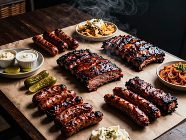 An overhead table spread of a massive BBQ platter with brisket, ribs, sausage, pickles, and classic sides on butcher paper.