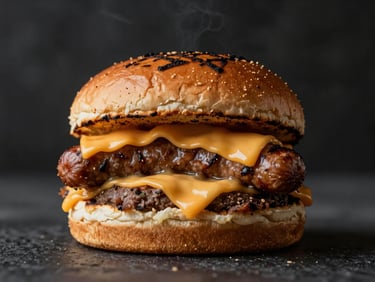 A thick handcrafted sausage burger with melting cheese on a charred brioche bun, moody low-key side lighting.