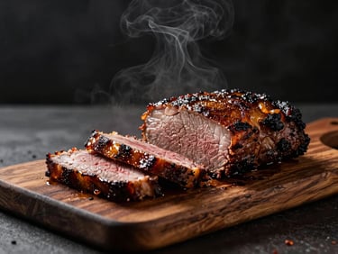 Glistening hand-rubbed beef brisket sliced on a rustic wooden board, dark moody lighting, smoke haze, 50mm lens.
