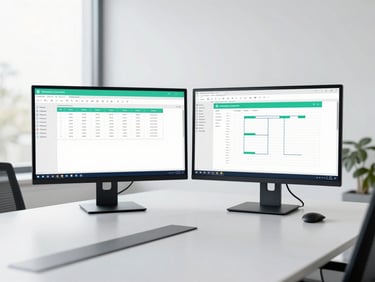 A bright, modern UK meeting room with dual monitors displaying structured database tables and clear data flows, clean minimalist aesthetic, soft overcast daylight.