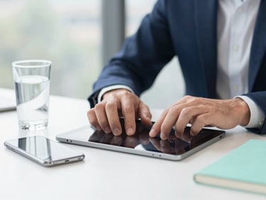 Close-up of hands typing on a modern tablet in a bright London office, a clean glass of water and a sleek smartphone on the side, soft natural daylight.