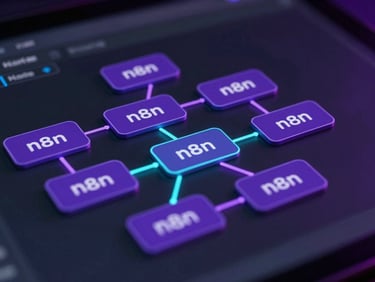 Macro shot of a node-based automation workflow canvas in n8n, showing connected logic blocks with violet and cyan glowing lines, dark tech aesthetic.
