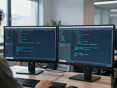 Over the shoulder view of a developer workspace, dual monitors displaying clean React code in an IDE, soft cool blue and green monitor glow, modern office background, sharp focus, 35mm lens.