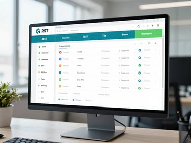 A technical API documentation dashboard with clean REST endpoints, displayed on a sleek monitor, professional workspace.