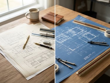 A split-screen composition showing architectural drafts on a wooden table beside a blueprint under bright, natural morning light.