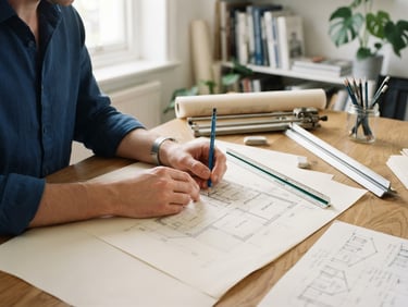Behind-the-scenes medium shot of an architectural designer's hands drafting a residential floor plan on a wooden desk, bright natural daylight, drafting tools and sketches nearby.