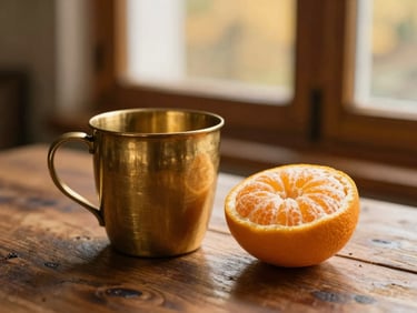 A hand-burnished solid brass cup sitting next to a half-peeled orange on a rustic wooden table, warm golden-hour window light, shallow depth of field